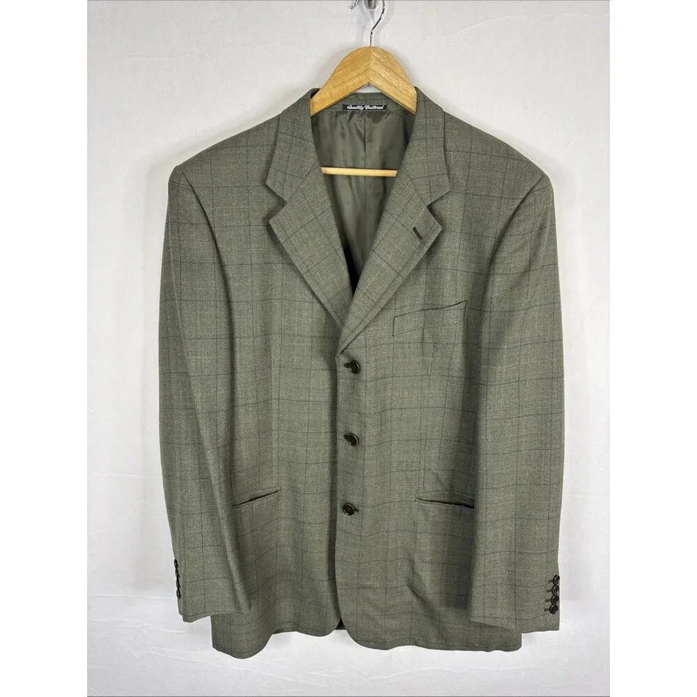 Harry Rosen‎ Carlo Barbera Virgin Wool Blazer Sport Coat Green Plaid 44R